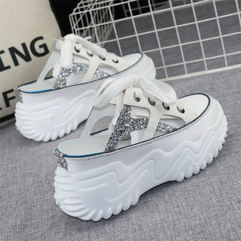 8cm New Glitter Leather Women Chunky Sneakers Platform Wedge Breathable Slippers Comfortable Hollow Summer Shoes