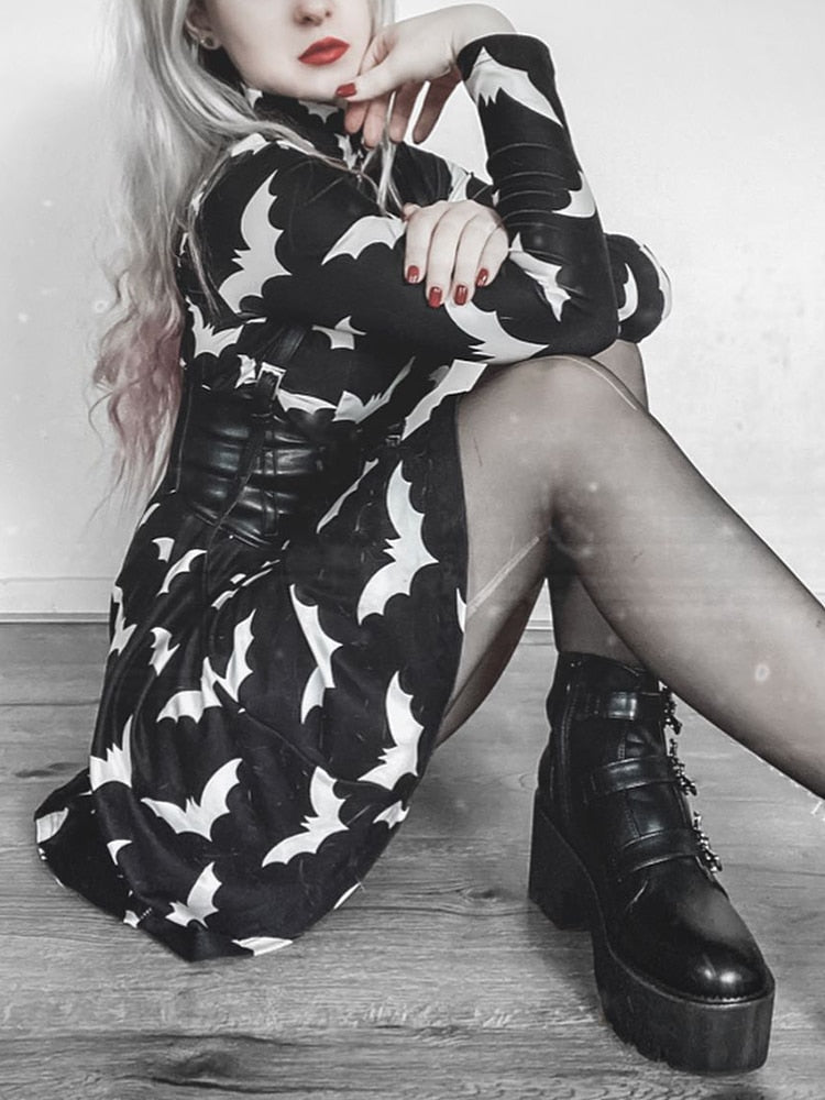 Gothic Black Bat Printed Dress Tutleneck for Women Long Sleeve Spring Fall Punk Vestidos Party Outfits Soft Clothes