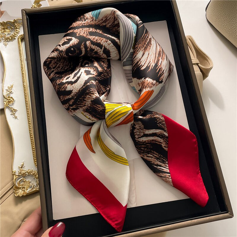 Luxury Print Satin Silk Square Scarf for Women Shawl Hijab Neckerchief Female Hair Ribbon Headband Fashion Wrap Bandana New FJ658-3