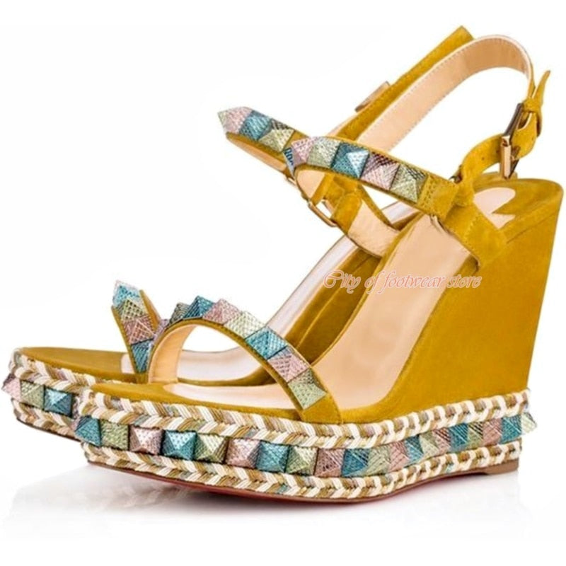 Women's Open Toe Platform Stud Espadrille Wedges Sandals Ankle Strap High Heeled Pump Luxury Designer Summer Beach Shoes Red as photo 6