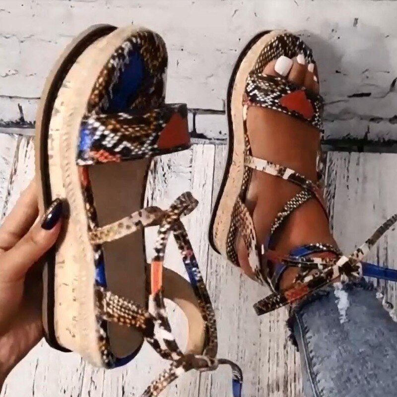 New Summer Women Snake Sandals Platform Heels Cross Strap Ankle Lace Peep Toe Beach Party Ladies Shoes Zapatos Sandals