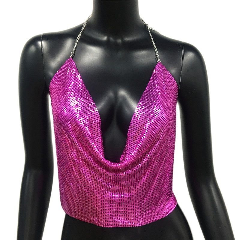Women Sexy Metal Sequined Tank Camis Summer Gold Silver Backless Cropped Glitter Beach Club Show Wear Tank Tops Rose Red 25 cm One Size