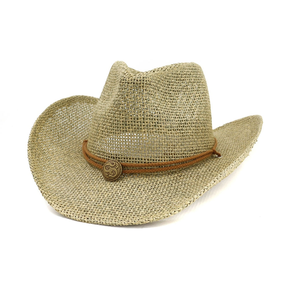 Cowboy hat fashion hollow handmade cowboy straw hat men&#39;s summer outdoor travel beach hat unisex solid color western cowboy hat 16 M55-58cm