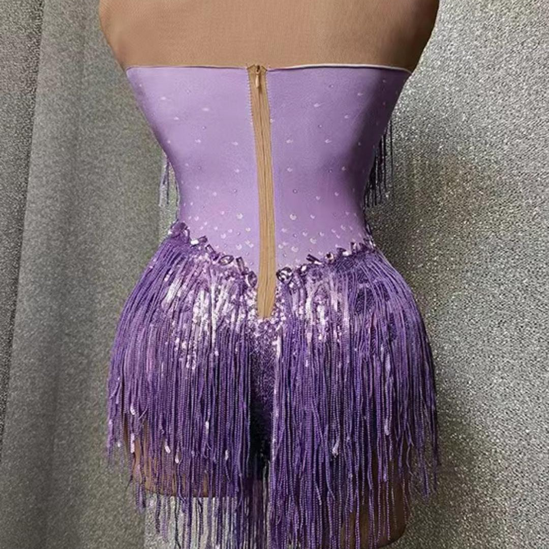 Women Nightclub Outfit Dance Costume One-piece Stage Wear Sexy Performance Clothing Sparkly Black Stones Sequins Fringes Leotard