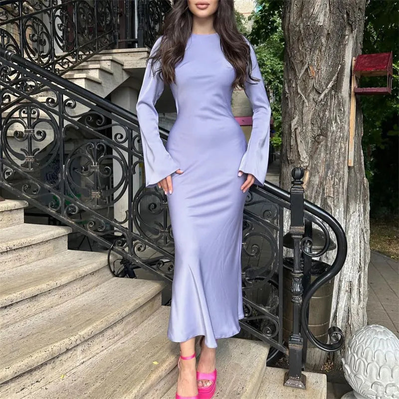 Satin Fashion Slim Maxi Dress For Women Long Sleeve High Waist Elegant Solid Party Dress Casual Luxury Ladies Autumn Dress Purple