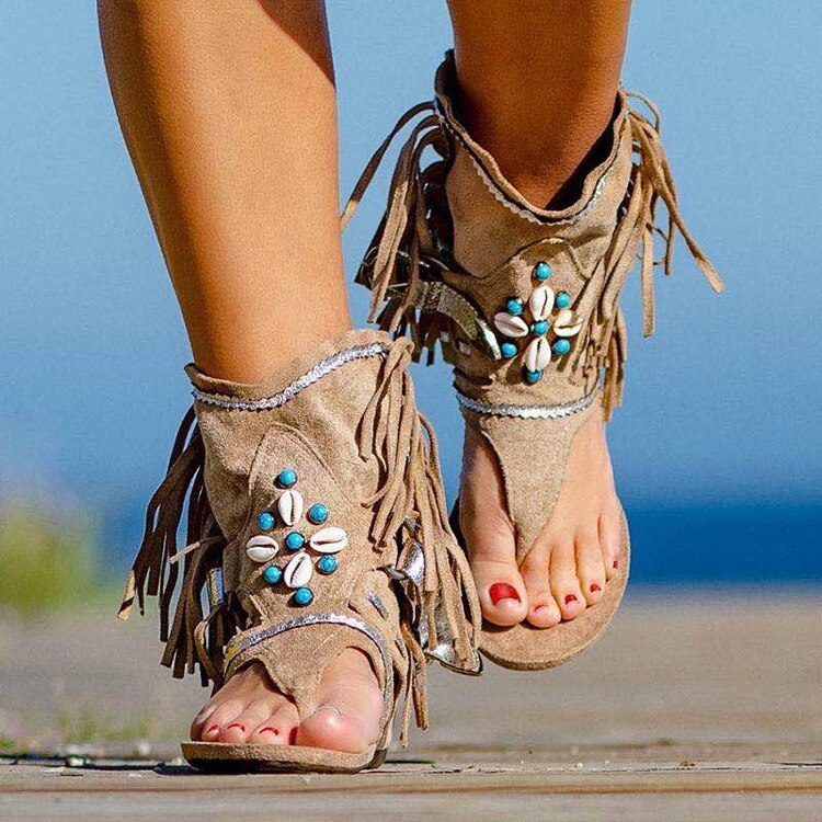 Retro Women Fringe Flower Wedges Shoes Solid Flock Beach Casual Sandals Women Summer Flip Flop Sandals