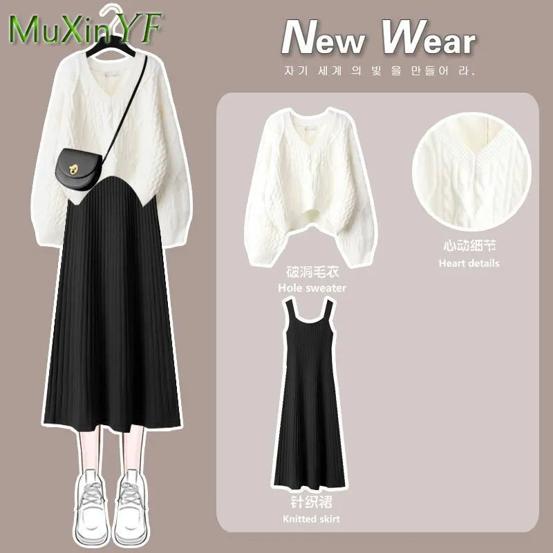 Women's Autumn Winter New Fashion V-Neck Sweater Knitted Dress Two Piece Korean Elegant Top Skirt Matching Set Female Suit