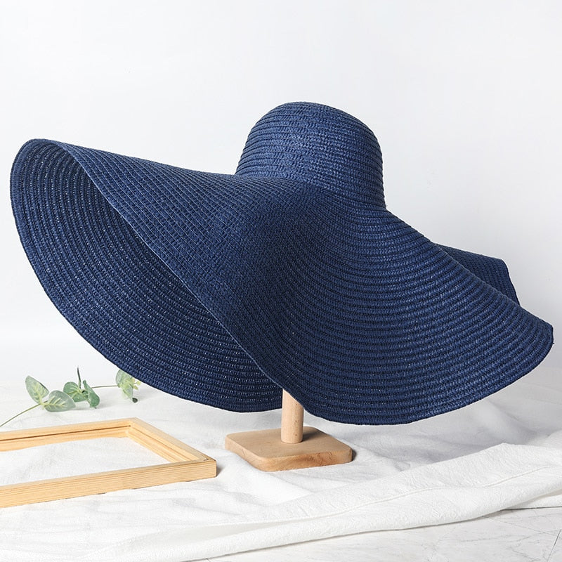 Summer 70cm Large Wide Brim Sun Hats For Women Oversized Beach Hat Foldable Travel Straw Hat Lady UV Protection Sun Shade Hat navy blue 54-57cm