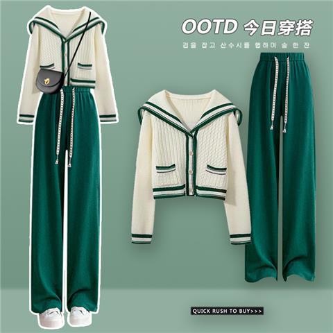 Sailor Collar Two Piece Set for Women Knitted Cardigan + Pant Sets Long Sleeve Korean Outfit Tracksuit New Knit Autumn Suit green green