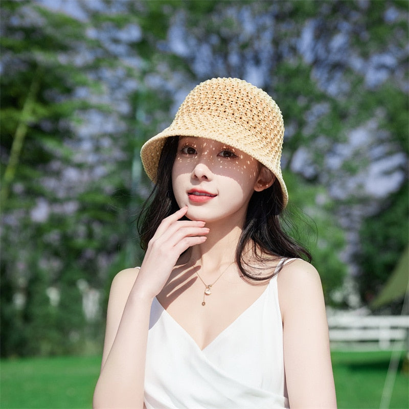 Sunscreen Hat Women's Net Red ins Korean Bucket Hat Hollow out Fisherman Basin Hat Outdoor Knitted Sun Shield Hat 12 55-58CM