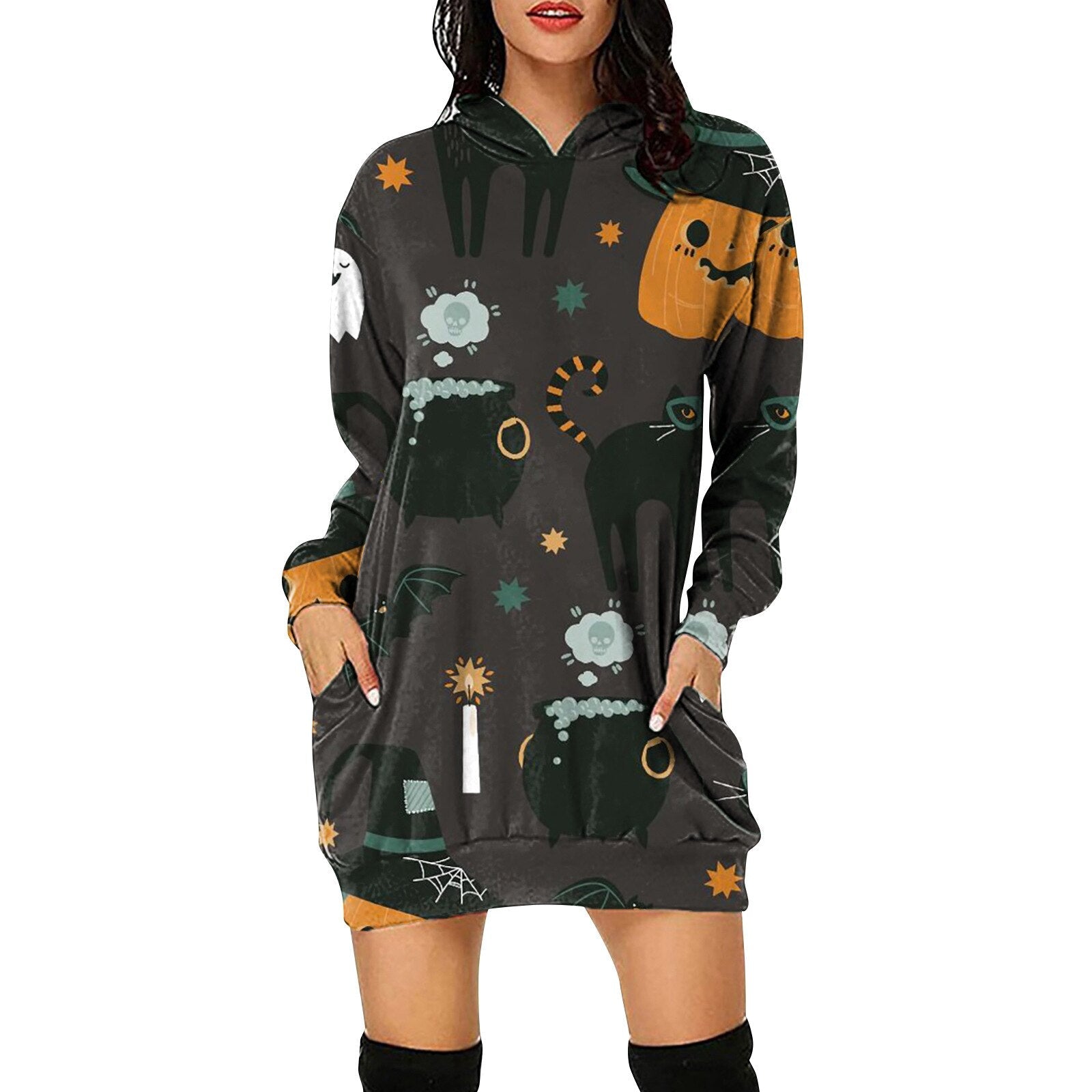 Women's Halloween Pumpkin Printed Sweater Hooded Long Sleeve Dress Sweatshirt Female Women Autumn Spring Casual Hoodies Clothes P04