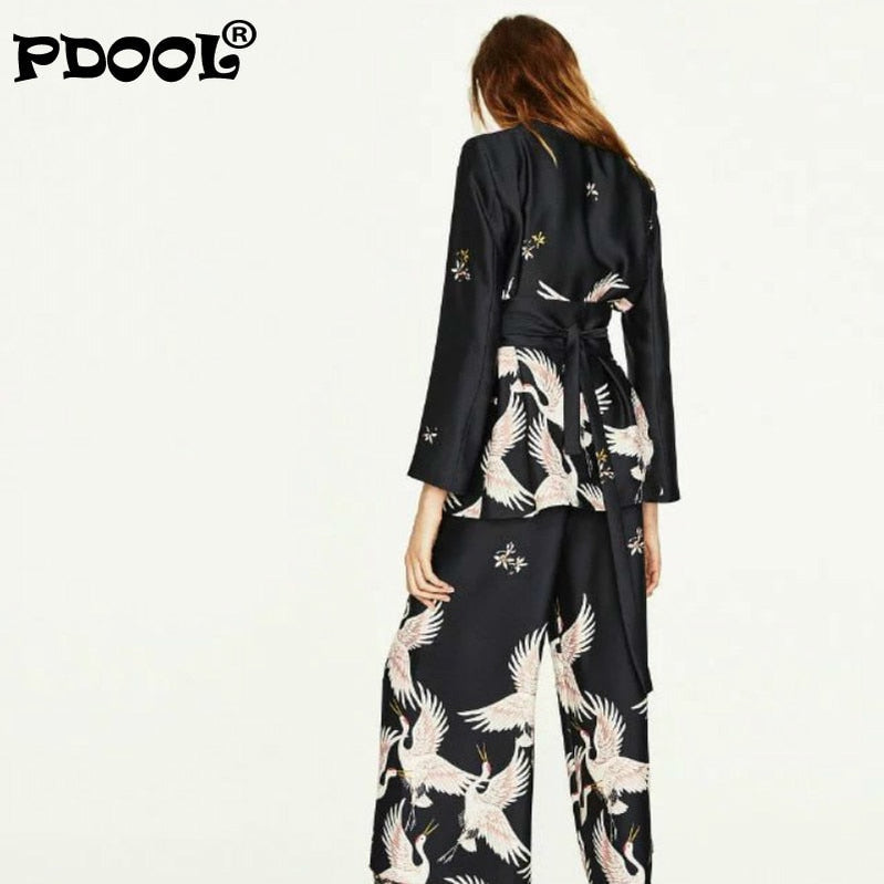 Spring/Autumn Women Vintage Clothing Set Printed Blazer Wide Leg Retro Pant Female Bird Outfit Suits Women's Office Lady