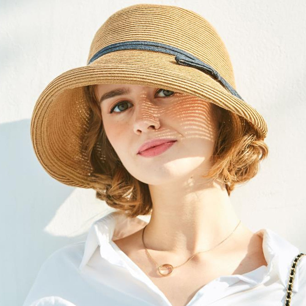 FS French Straw Bonnet Cap for Women Victorian Sun Hats Chin Strap Foldable Summer Accessories Bucket Hat Fedoras For Beach