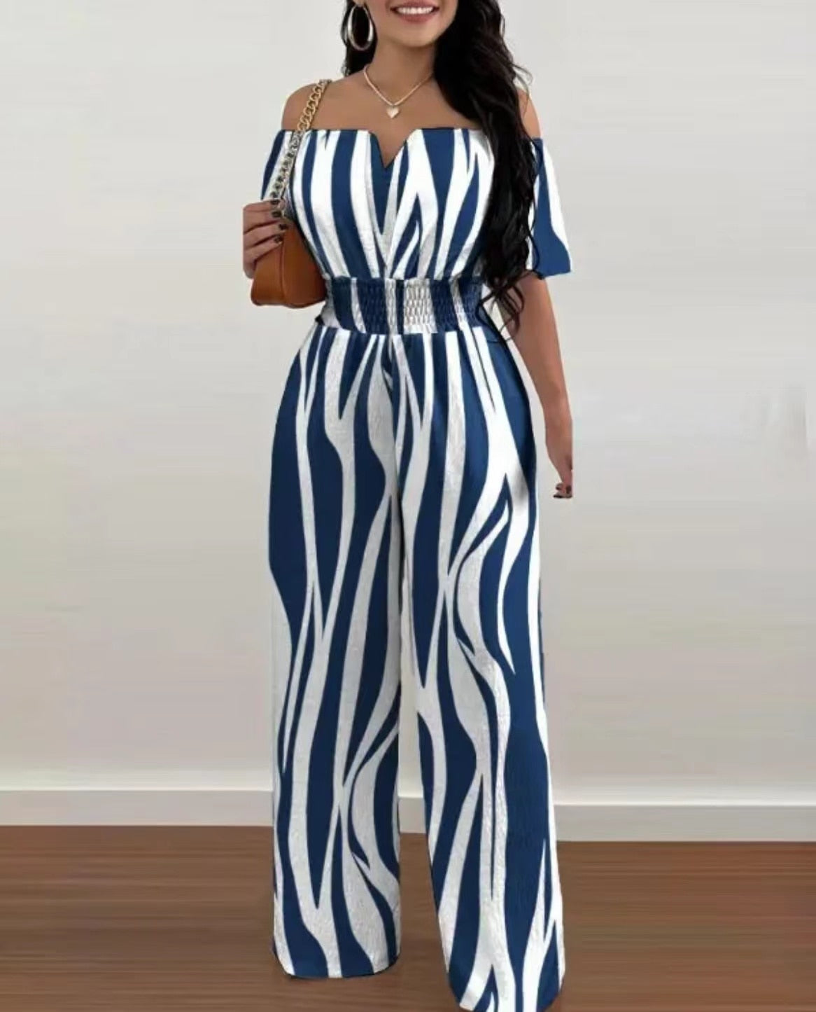 Summer Fashion Printed Wide Leg Jumpsuit Women Sexy Beach Style Off-shoulder High Waist Jumpsuit Womem 3