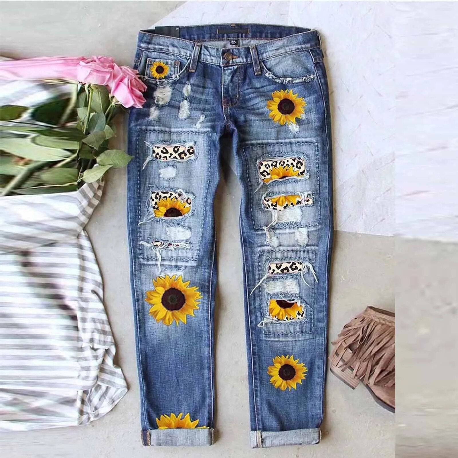 Women's Sunflower Print Ripped Jeans Patchworks Regular Fit Long Casual Denim Jeans Holes Trousers Streetwear Denim Pencil Pants 1-Blue
