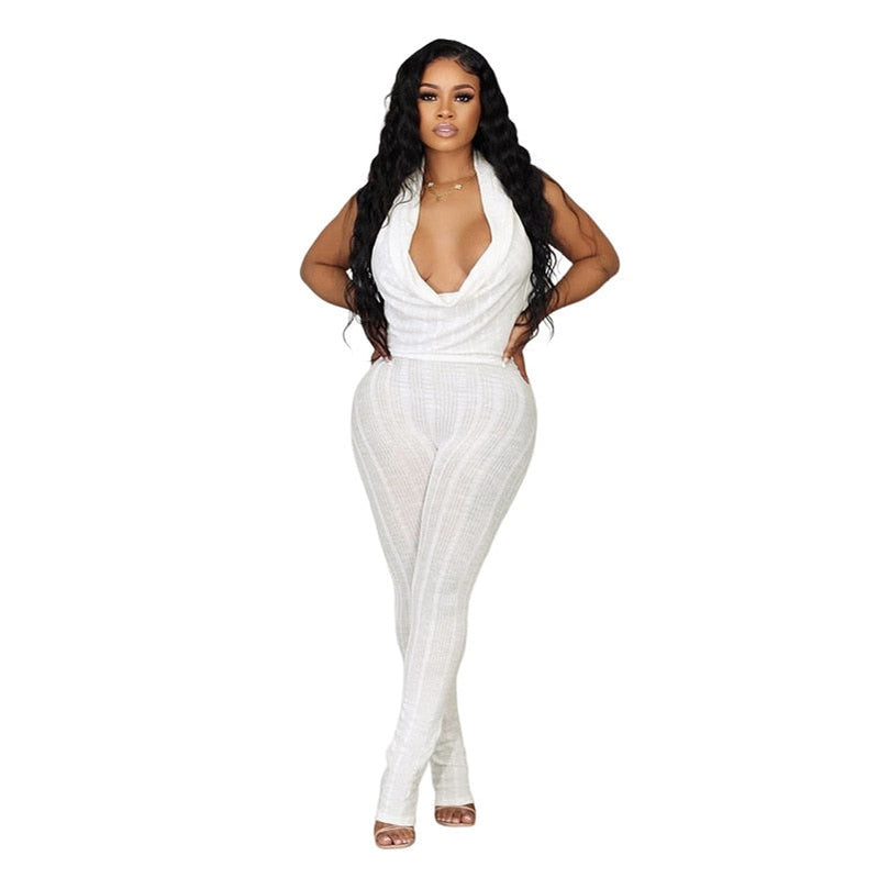 Sexy Low Collar Hanging Neck Sleeveless Slim Fit High Waist Jumpsuits Women Summer Casual Backless Solid Crumpled Overalls White