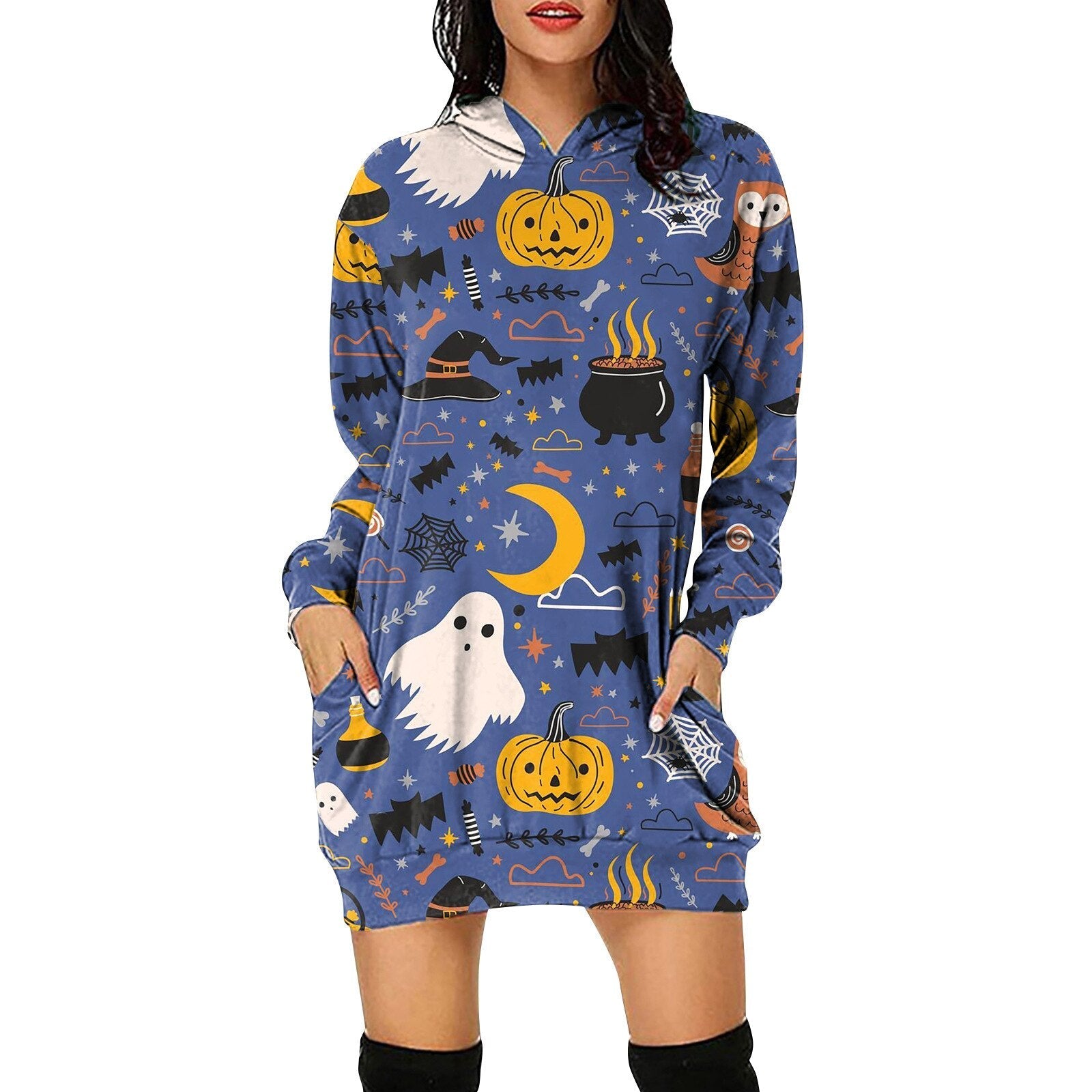 Women's Halloween Pumpkin Printed Sweater Hooded Long Sleeve Dress Sweatshirt Female Women Autumn Spring Casual Hoodies Clothes P05