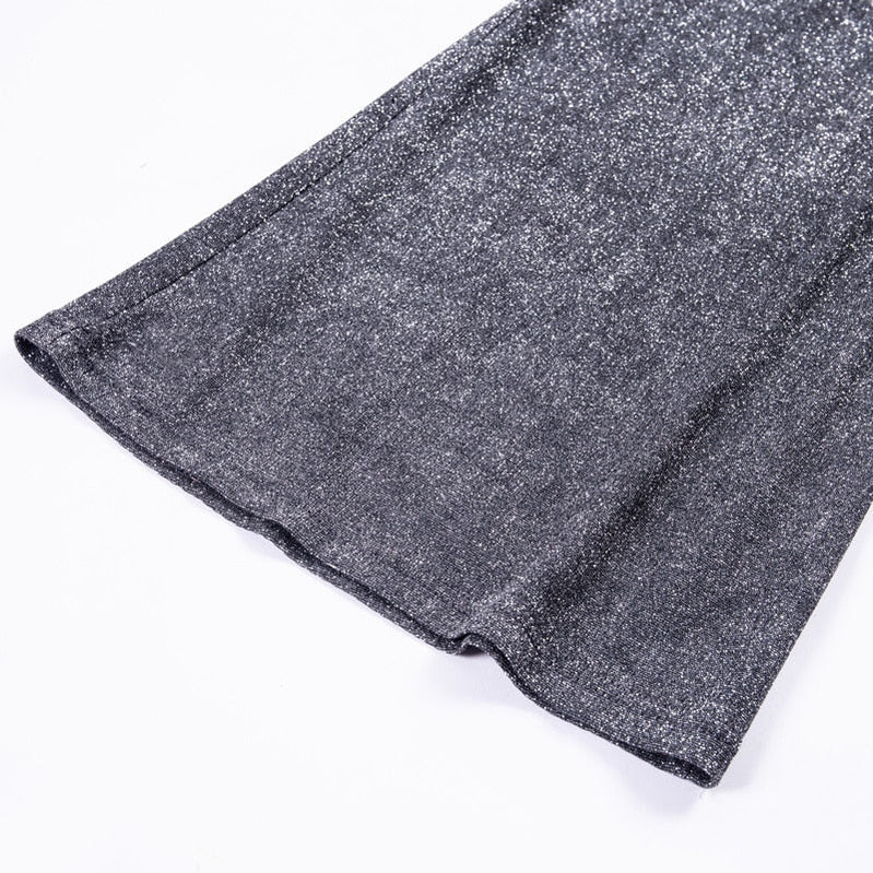 High Waisted Glitter Pants Fall Winter Outfit Women Silver Sparkly Flare Sequined Trousers Party Night Clubwear
