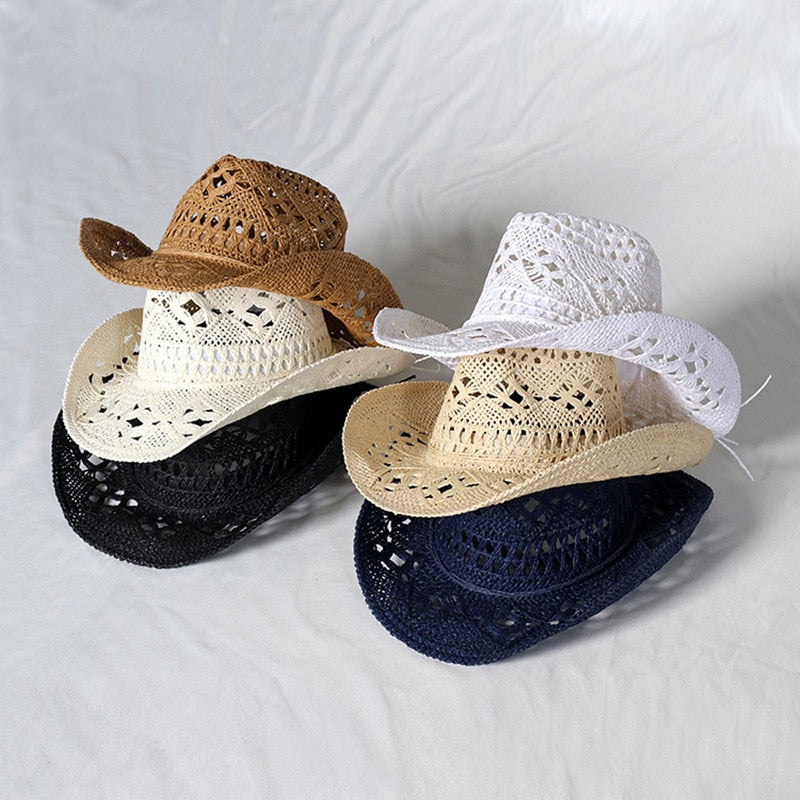 Cowboy hat fashion hollow handmade cowboy straw hat men&#39;s summer outdoor travel beach hat unisex solid color western cowboy hat