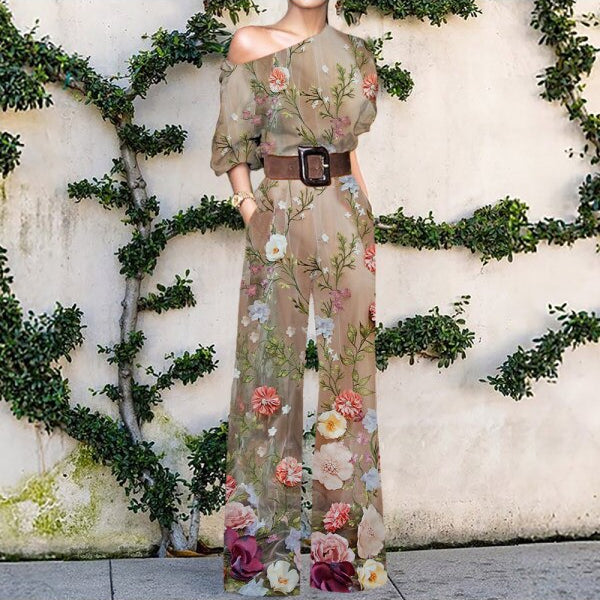 Print Jumpsuit Women Autumn and Spring New Fashion Long Sleeve Lapel Loose Casual Elegance Green Jumpsuits Print 4 (No Belt)