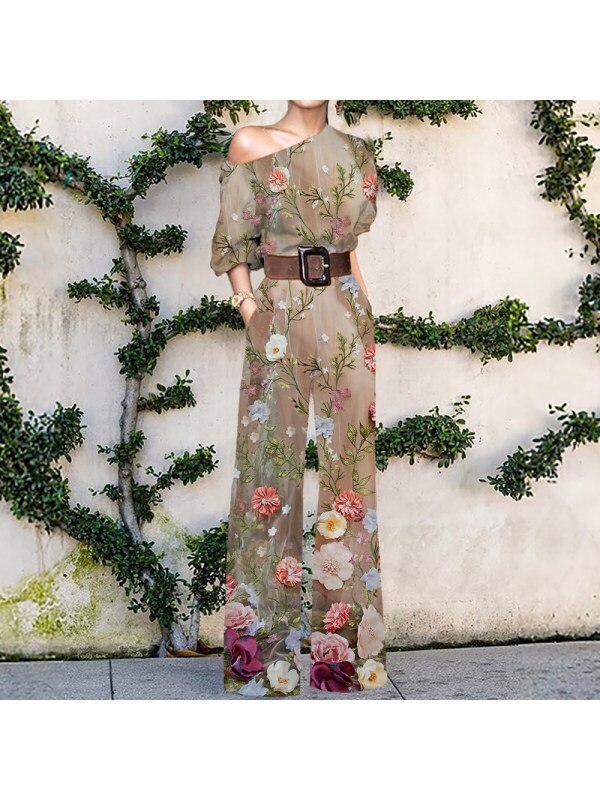 Print Jumpsuit Women Autumn and Spring New Fashion Long Sleeve Lapel Loose Casual Elegance Green Jumpsuits Print 4 (No Belt)