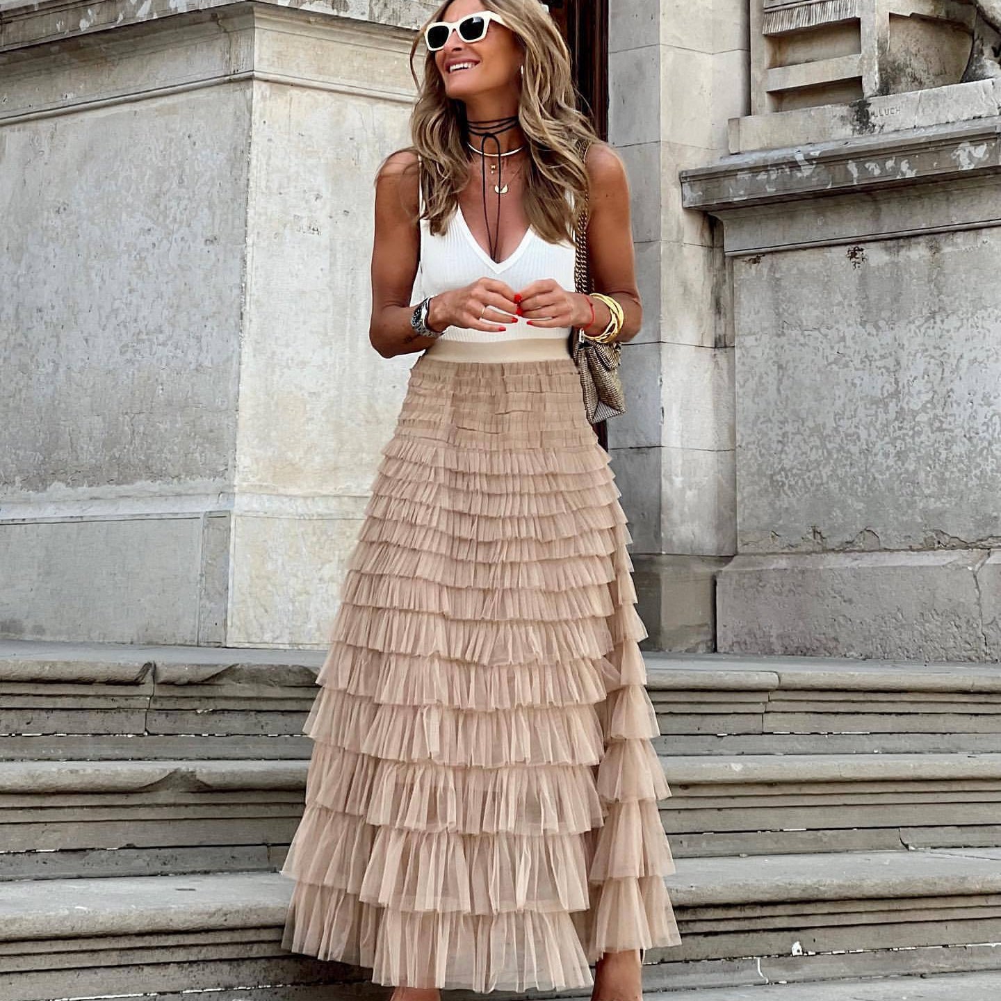 Summer Long Skirt Layered Ruffles Design Elegant Maxi Dress Office Women Commuting Party Attire Autumn Elegant Skirt Short khaki