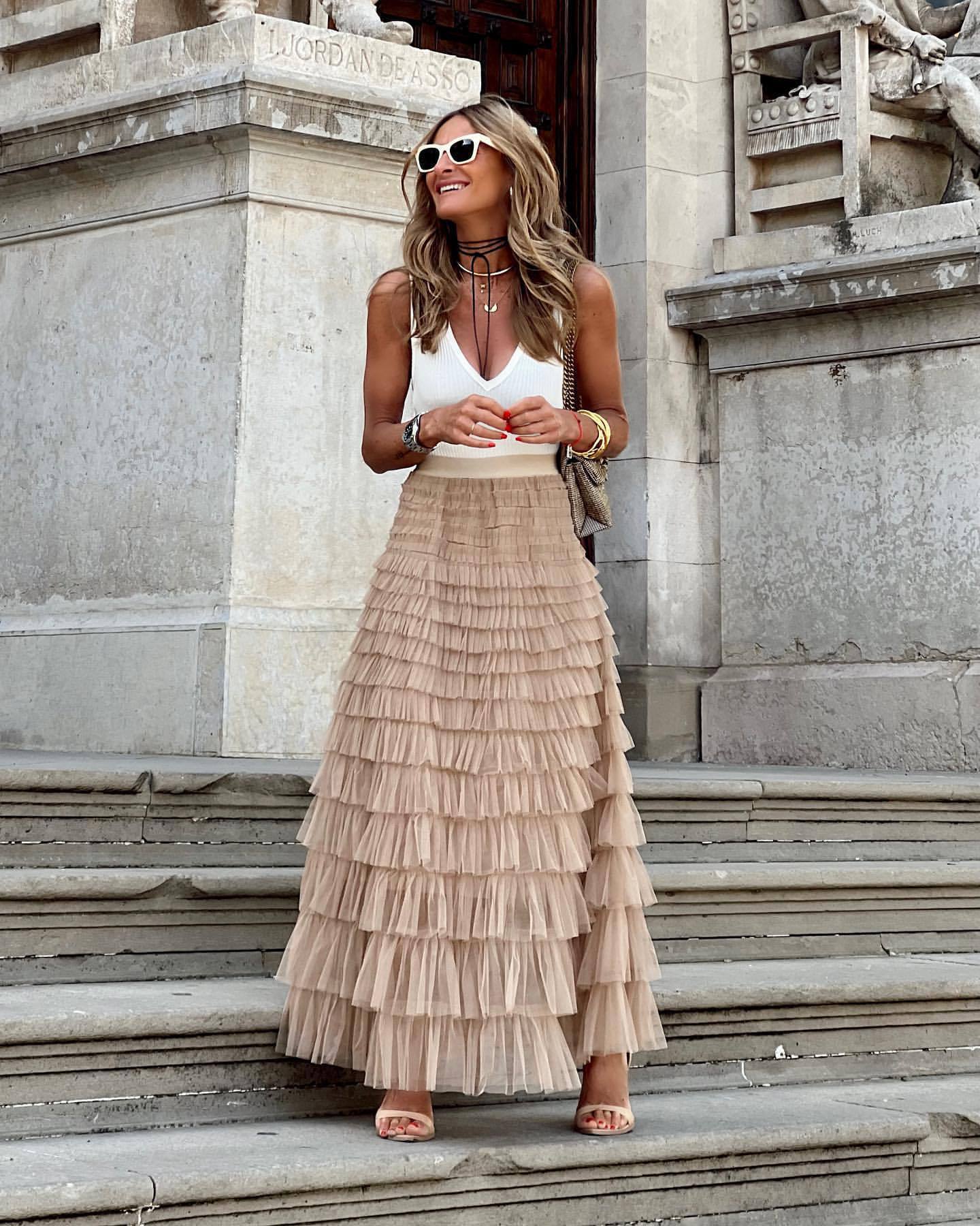 Summer Long Skirt Layered Ruffles Design Elegant Maxi Dress Office Women Commuting Party Attire Autumn Elegant Skirt Short khaki