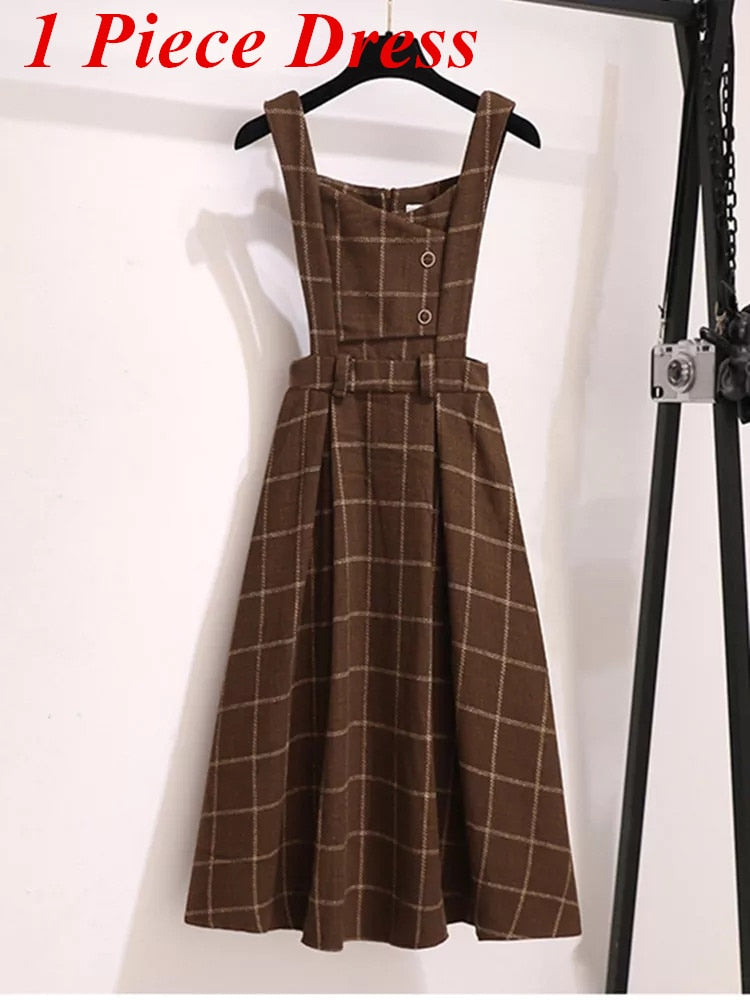 Fall Winter Women Sweater Overalls Dress Sets Casual Knitted Tops +Plaid Woolen Dress 2 Piece Sets Outfits Female One Piece Dress