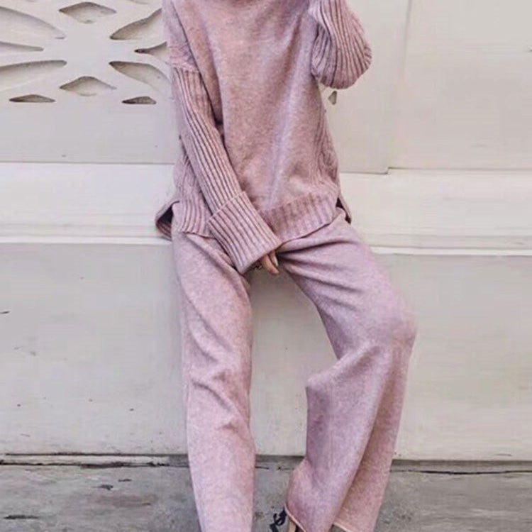 Sweater Set Women Tracksuit Spring Autumn Knitted Suits 2 Piece Set Warm Turtleneck Sweater Pullovers Wide Legs Pants