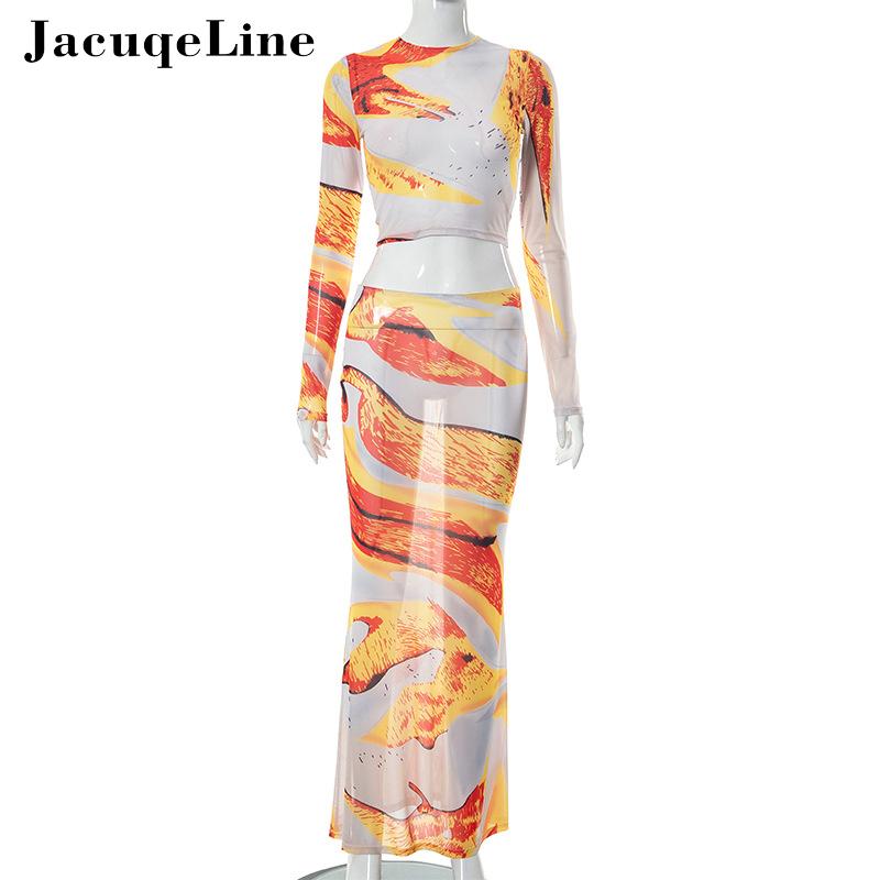 Jacuqeline Sexy Mesh See Through Print Dress Sets Club Party Clothing Long Sleeve Crop Tops and Low Waist Long Skirt Sets