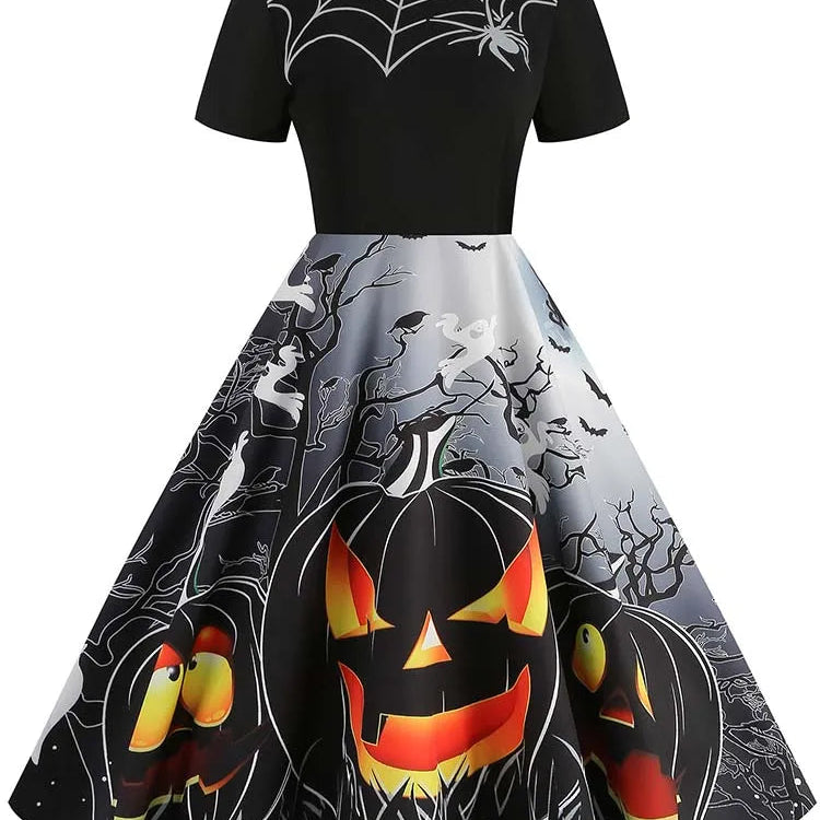 Women Halloween Costumes Dresses Short Sleeve Print Autumn Winter Vintage Party Dress Vestidos