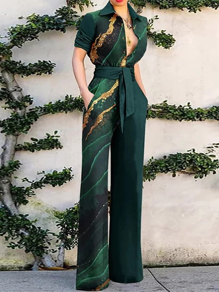 Print Jumpsuit Women Autumn and Spring New Fashion Long Sleeve Lapel Loose Casual Elegance Green Jumpsuits