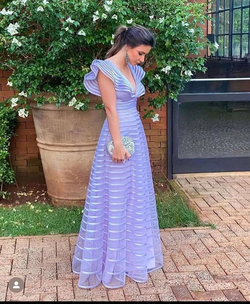 Emerald A Line Evening Dresses Cap Sleeves Deep V Neck Prom Gowns Floor Length Women Party Special Occasion Dress Purple