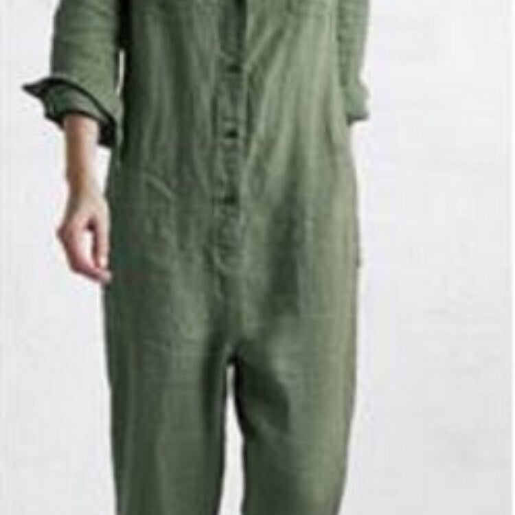 Vintage Cotton Overalls Mujer Women Jumpsuits Spring Long Sleeve Buttons One Piece Outfit Chic Tunic Oversized Green Jumpsuit