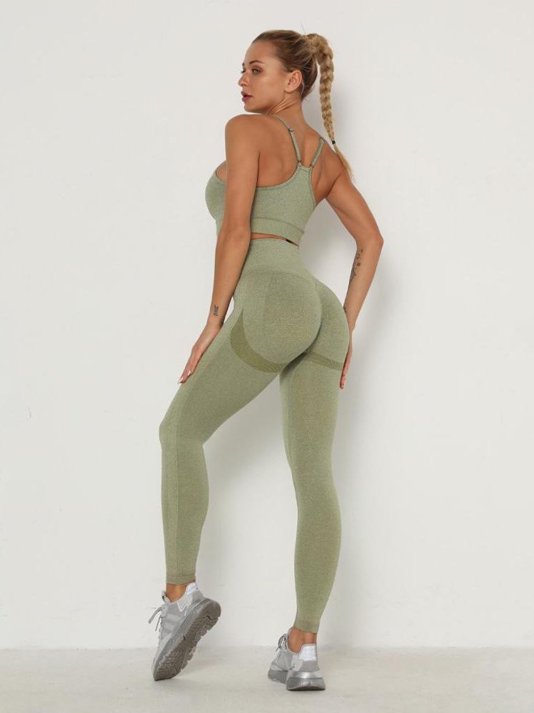 Women's Sets Skinny Tracksuit Breathable Bra Long Sleeve Top Seamless Outfits High Waist Push Up Leggings Gym Clothes Sport Suit Bra Set Grass Green
