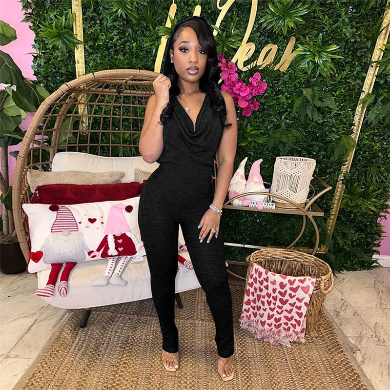 Sexy Low Collar Hanging Neck Sleeveless Slim Fit High Waist Jumpsuits Women Summer Casual Backless Solid Crumpled Overalls Black