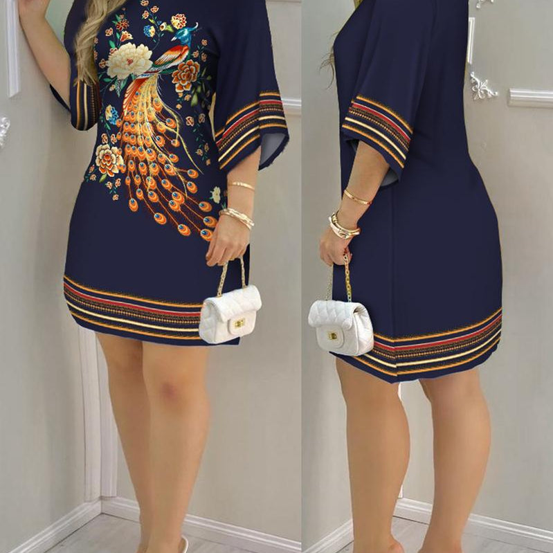 Women's Dress Summer Fashion Tropical Print Half Sleeve O-Neck Dresses Female Casual Party Beach Mini Loose Dress Vestidos Navy