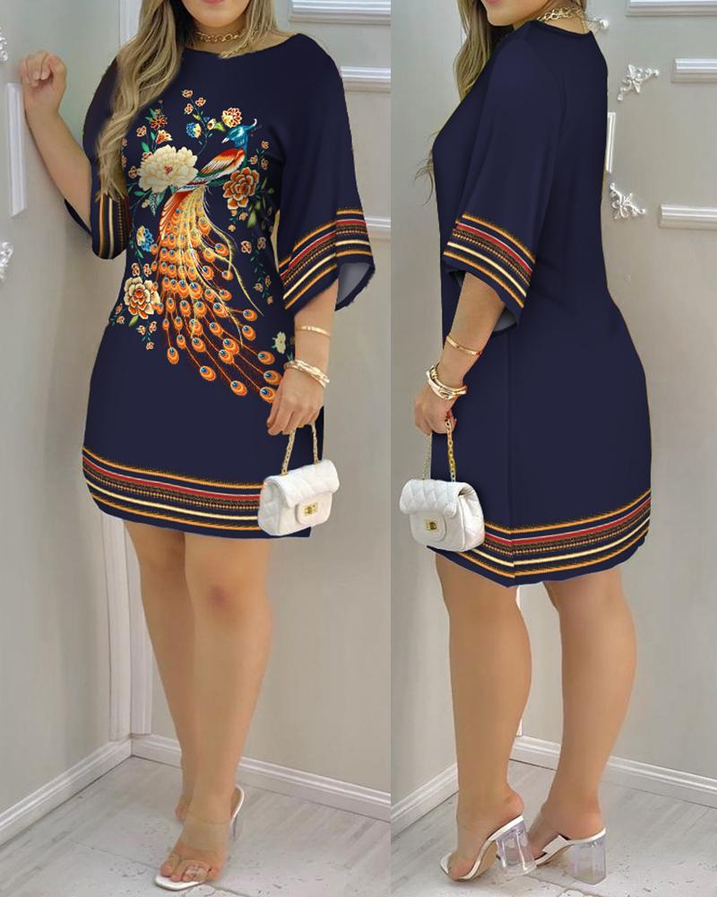 Women's Dress Summer Fashion Tropical Print Half Sleeve O-Neck Dresses Female Casual Party Beach Mini Loose Dress Vestidos Navy