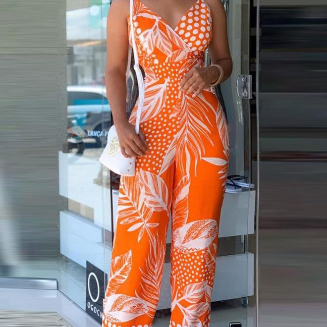 Woman Long Jumpsuits Elegant Sexy Tropical Print New Fashion Spaghetti Strap Jumpsuit Casual Female Clothing Outfits Summer