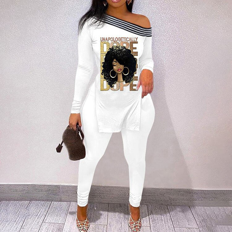 Fall Women Two Piece Sets Outfits Casual Print Side Slit Top And Skinny Pants Tracksuits Fashion Streetwear 2pcs Suits New white 03