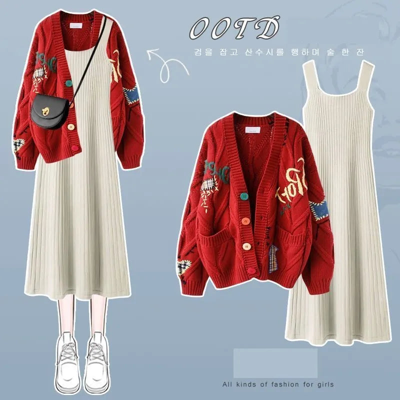 Women's Autumn/Winter New Fashion Knitted Sweater Dress Matching Set Korean Elegant Cardigan Sling Skirt Two Piece Suit Set 03