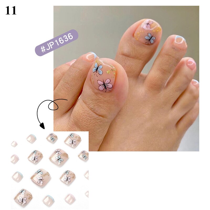 False Toenail 24Pcs/Box Toe Nail 3D Glitter Decor Press On Fake Nails With Glue Detachable Square Short Full Cover DIY Nail Tips 11