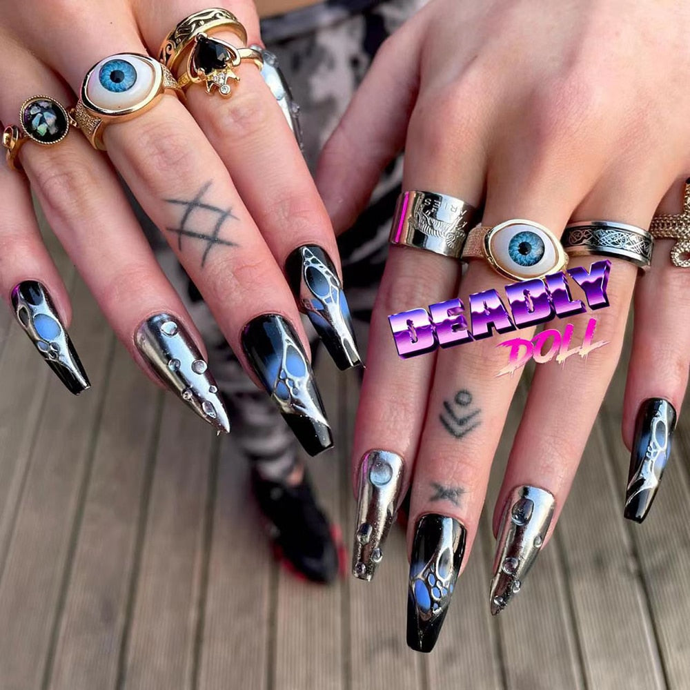 Fashion Cool Personality Cosplay Party Nails Long Coffin 3D High-End Chain Nail Tips Girls Gift Accessories 20