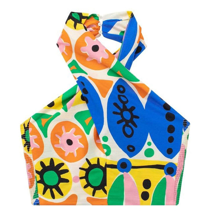 KJMYYX 2023 Fashion Summer Print Skirt Sets For Women Female Causal Halter Sleeveless Camisole Tops A-Line Mid-Calf Skirt