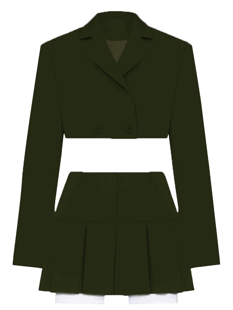 Fall Women Blazer Suit Two Piece Sets Turn-down Collar Blazers Tops And Pleated Skirts Femme High Street Y2K Outfits ArmyGreen Suit