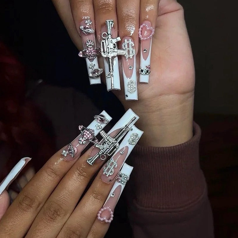 Handmade Luxury 3XL Full Cover False Nail Tips Glittery Rhinestone Press On Nails Y2K Reusable XXL XL Long Fake Nail With Glue Style15 SizeL