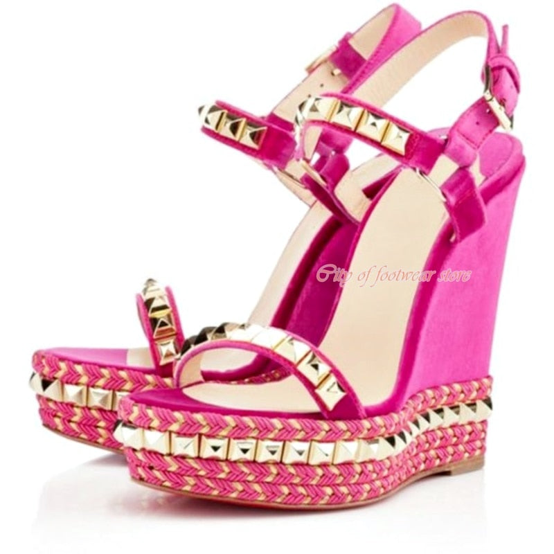 Women's Open Toe Platform Stud Espadrille Wedges Sandals Ankle Strap High Heeled Pump Luxury Designer Summer Beach Shoes Red as photo 10