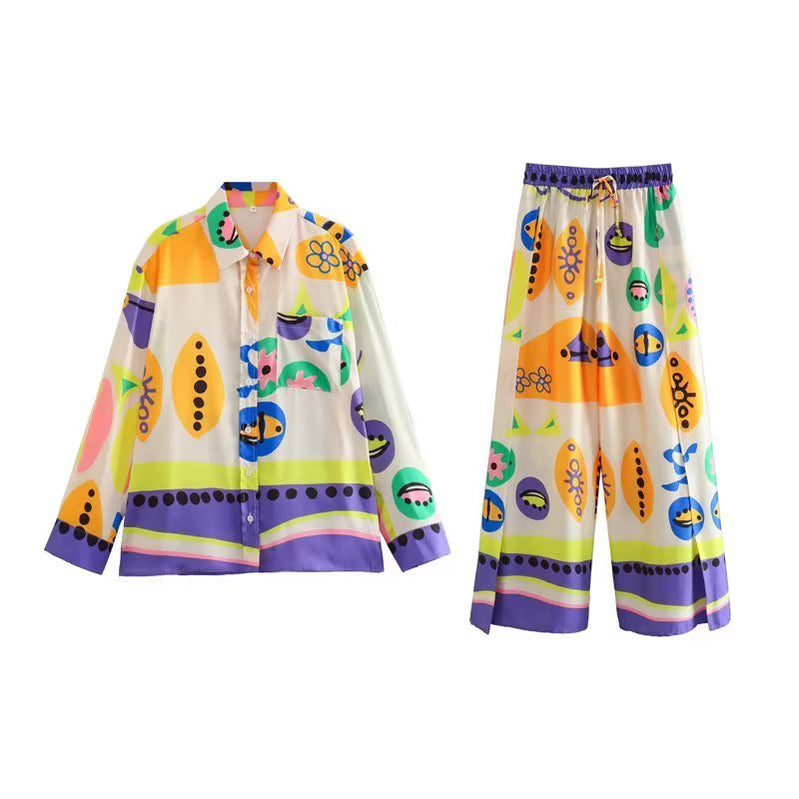 Woman Shirts Pants Sets New Summer Geometric Print Loose Long sleeved Shirts Fashion Elastic Waist Wide Leg Pants Outfits 2 piece sets-Multi