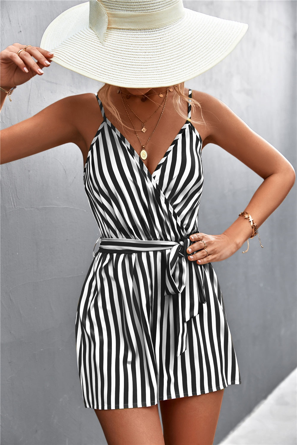 Sleeveless Summer Jumpsuit For Women Casual Stripe Woman Jumpsuit Loose V-Neck Summer Romper Shorts Beach Playsuit Female Outfit