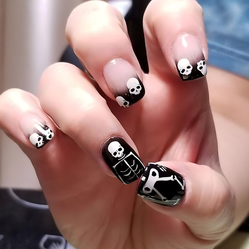 New Halloween Fake Nails Patch Black Almond/Coffin Head Artificial Nail Tips Pumpkin Spider Ghost Printed Press on Nail for Girl Spain Z6
